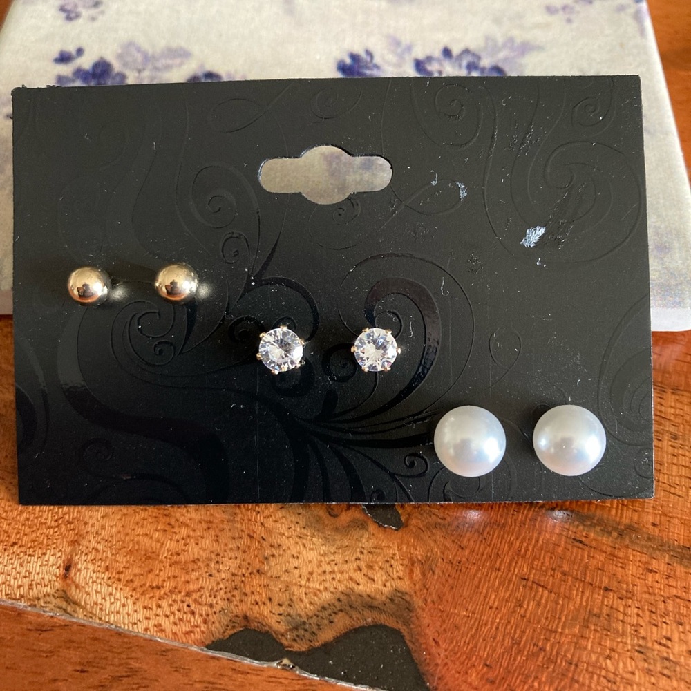 New Set Of Three Earrings Gold Tone Balls, Sparkly Circles Faux Diamonds